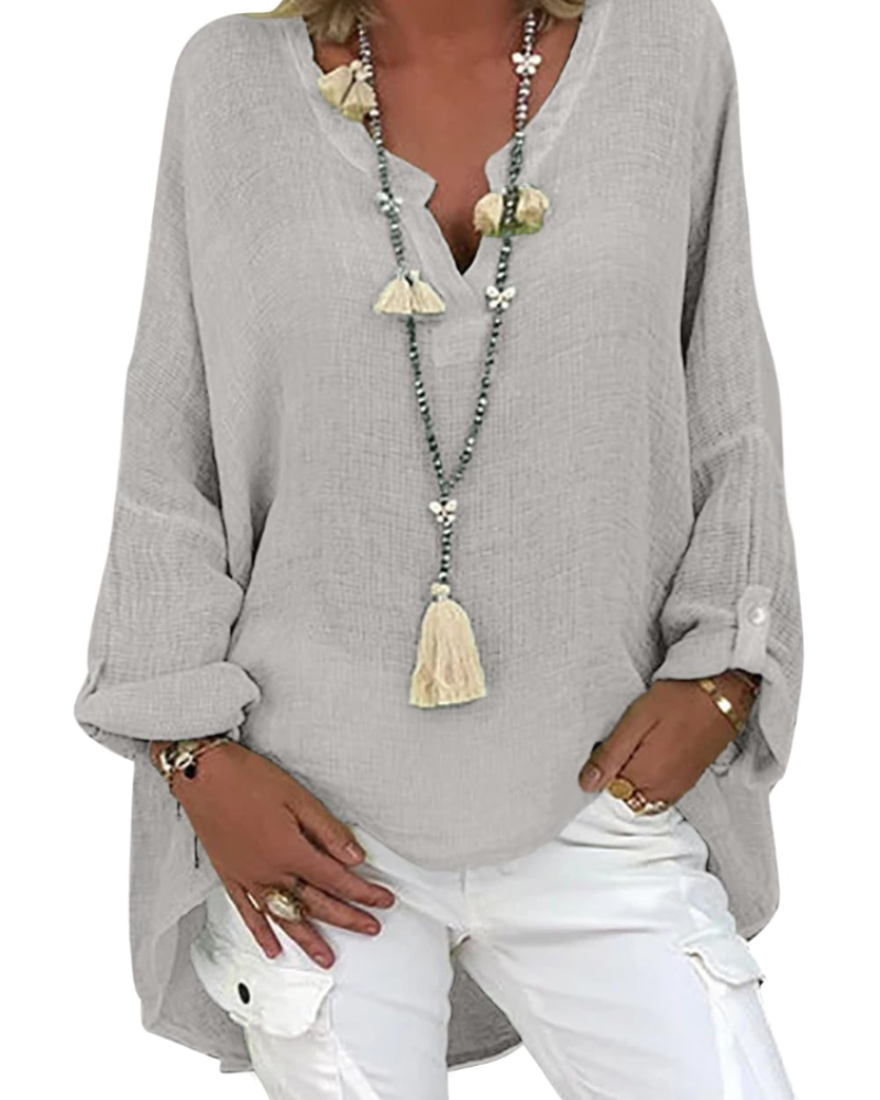 Corisande Blouse Tunique Femme – Lin & Viscose, Col V, Manches Longues & Coupe Fluide