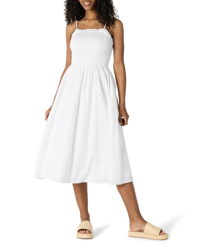 Genevieve Robe Femme Smockée – Coton Satiné, Bretelles Réglables & Jupe Trapèze Fluide