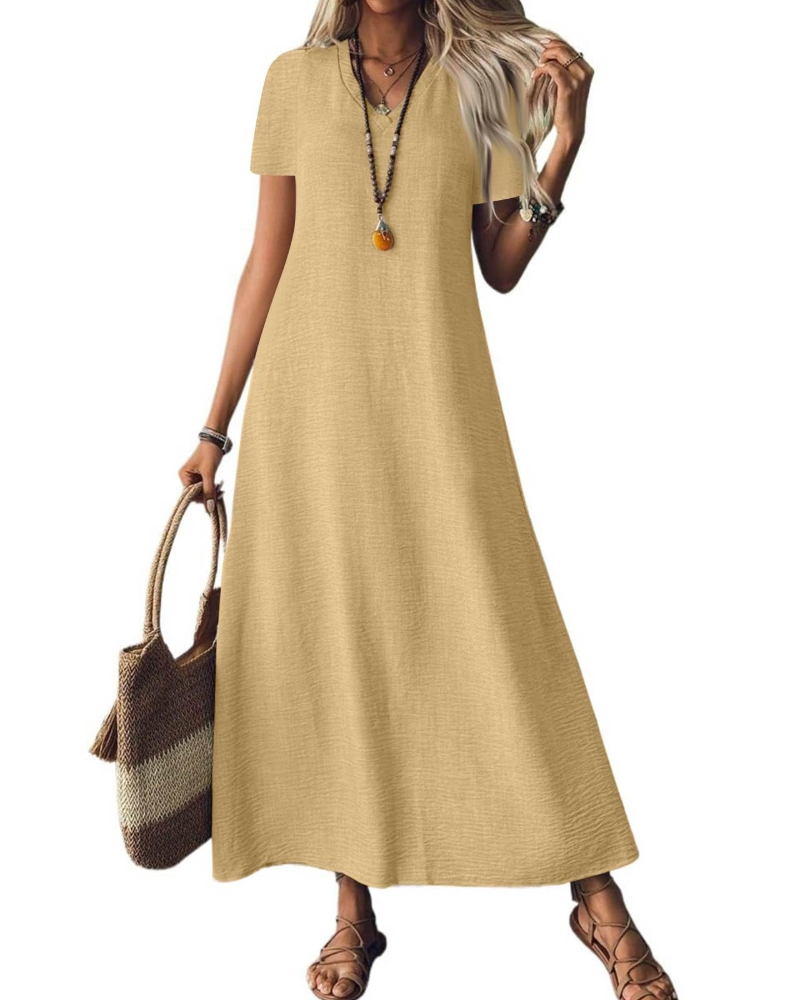 Theodora Robe Longue Femme – Col V, Manches Courtes, Coupe Fluide & Poches