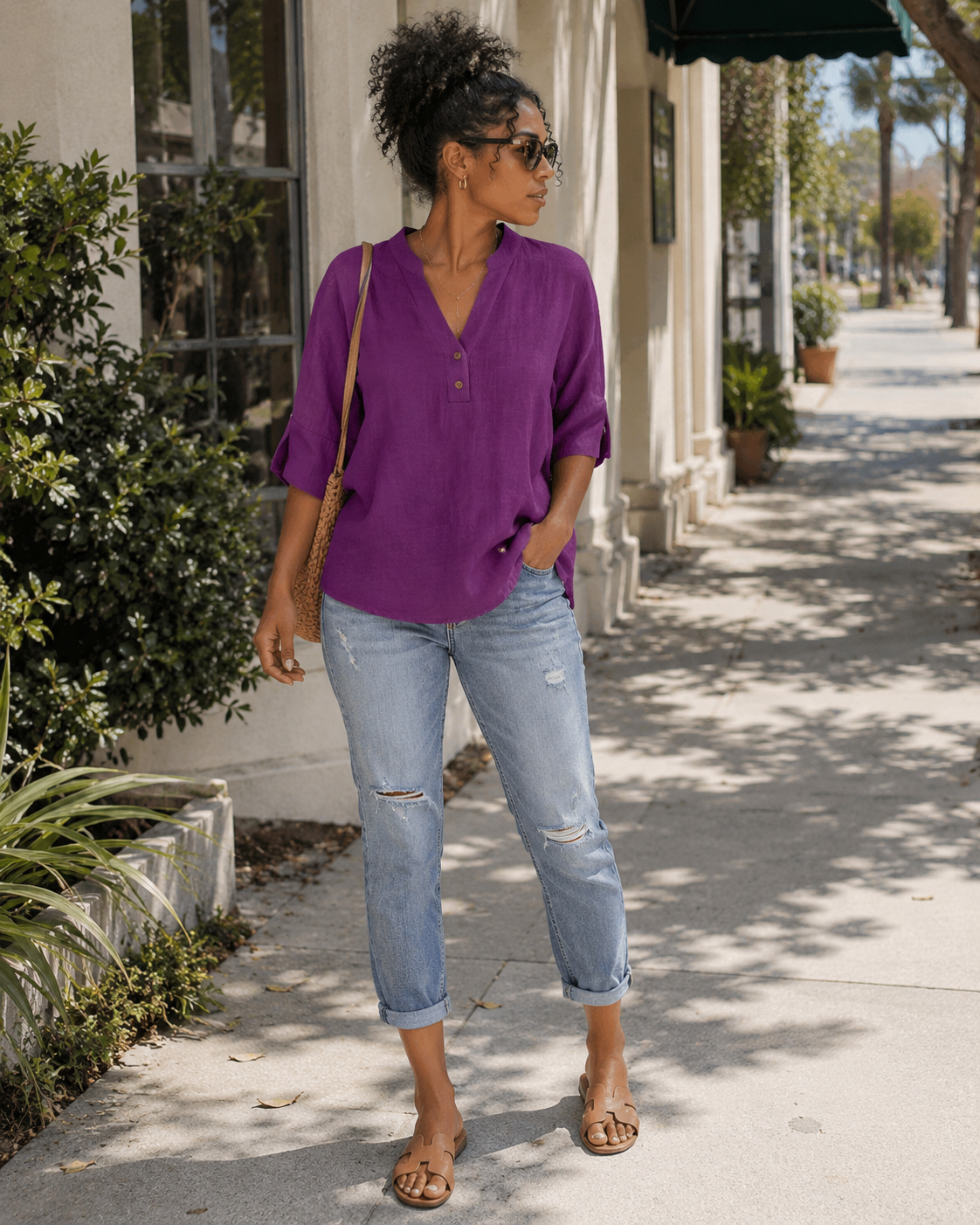 Eirlys Blouse Femme – Coton & Lin, Col V Boutonné, Manches 3/4, Coupe Ample