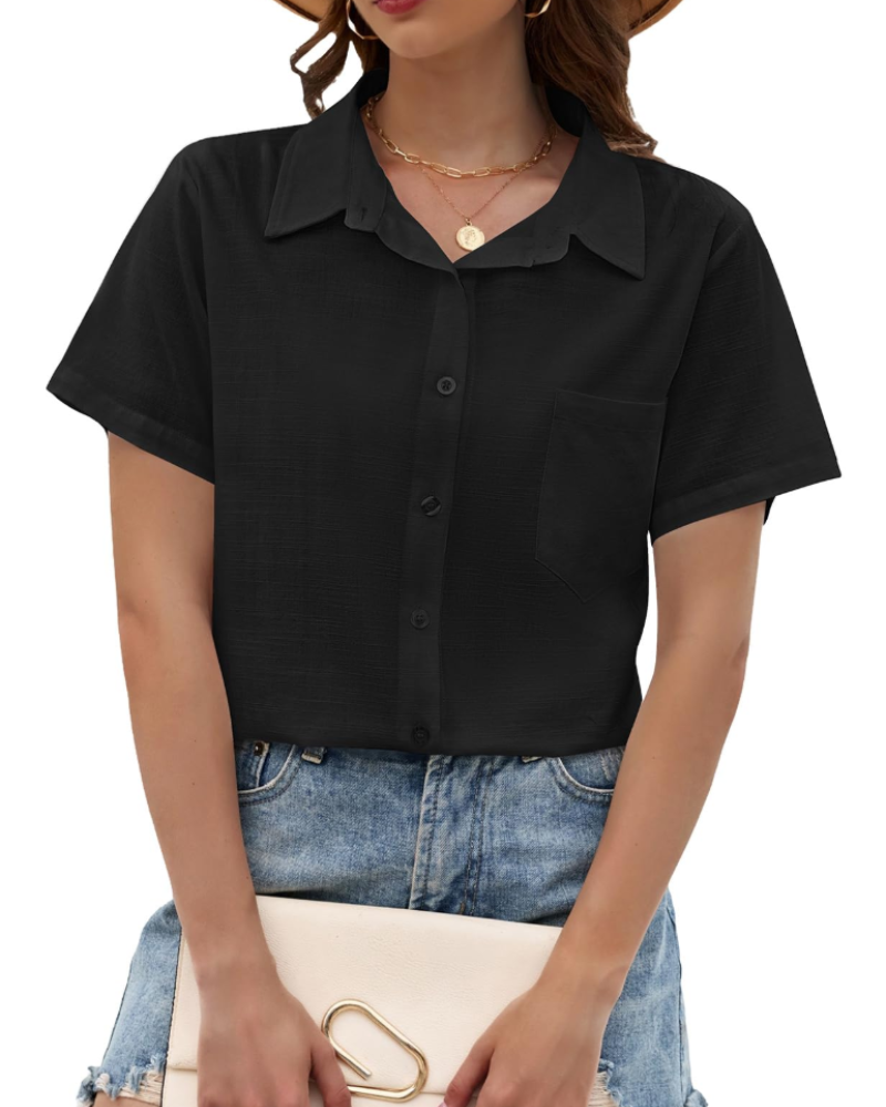 Delphine Blouse Femme – Coton, Viscose & Lin, Col V Boutonné, Manches Courtes & Poche