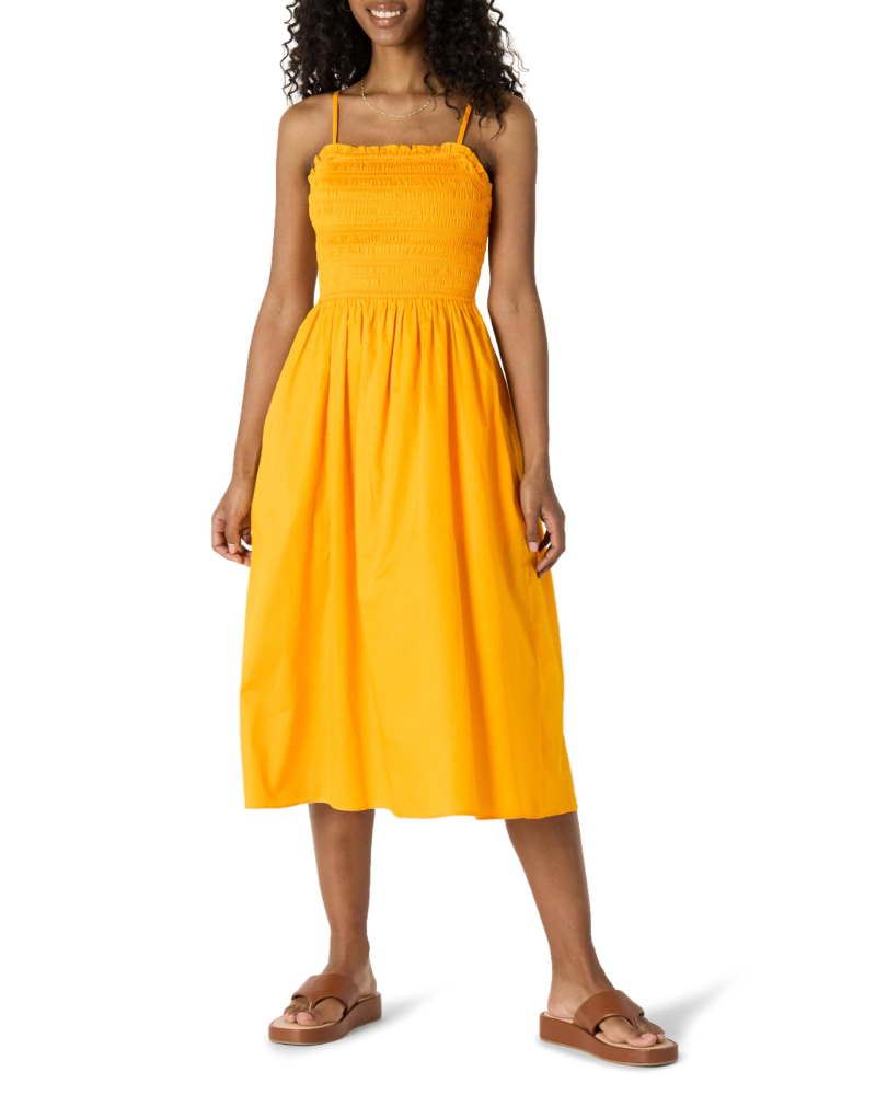 Genevieve Robe Femme Smockée – Coton Satiné, Bretelles Réglables & Jupe Trapèze Fluide