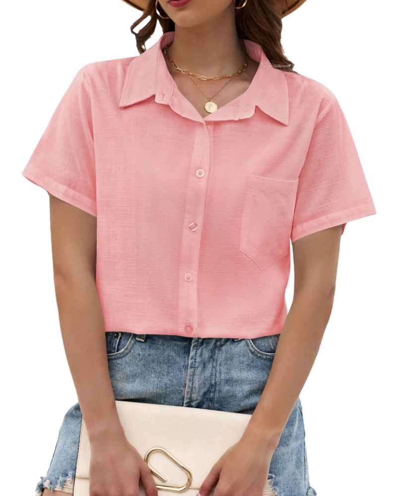 Delphine Blouse Femme – Coton, Viscose & Lin, Col V Boutonné, Manches Courtes & Poche