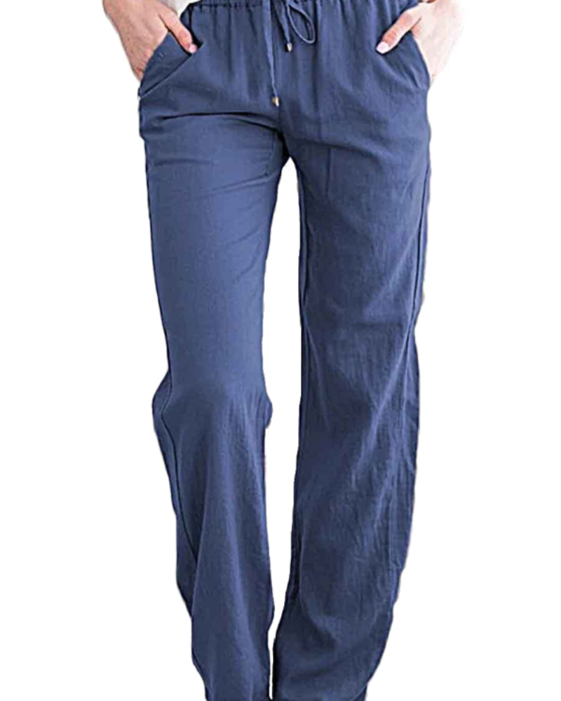 Clara Pantalon Lin Femme – Taille Élastique, Cordon Ajustable, Coupe Ample & Poches