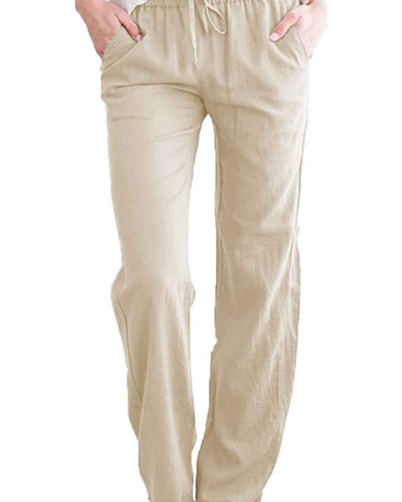 Clara Pantalon Lin Femme – Taille Élastique, Cordon Ajustable, Coupe Ample & Poches